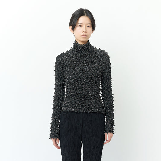Spiky Shibori Long Sleeve Turtleneck Tops - Lamé Lace