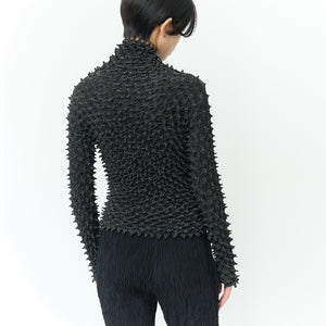 Spiky Shibori Long Sleeve Turtleneck Tops - Lamé Lace