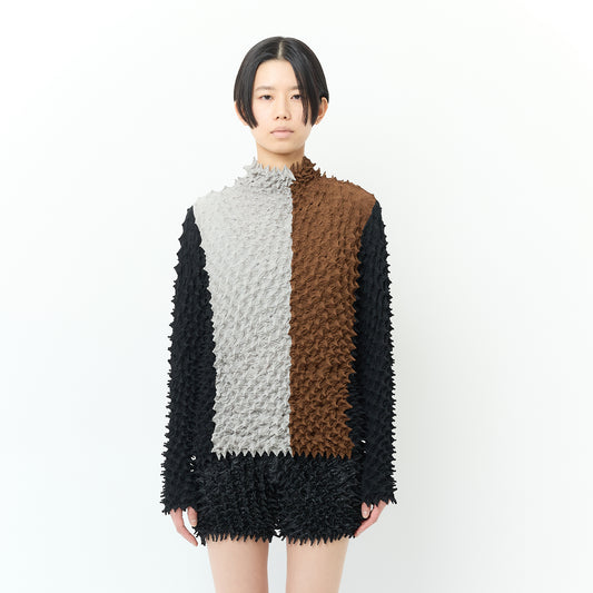 Spiky Shibori Long Sleeve Top - Crepe de Chine/Stripe
