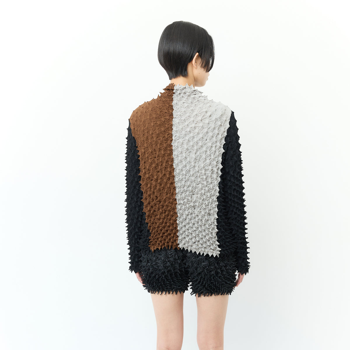 Spiky Shibori Long Sleeve Top - Crepe de Chine/Stripe