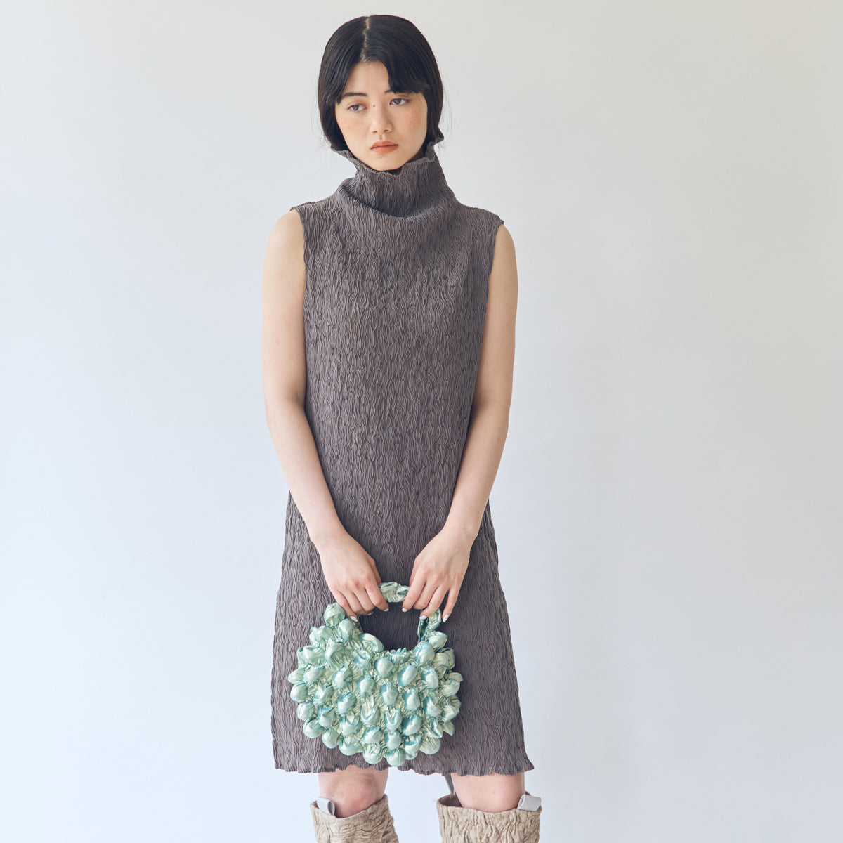 Wavy Sleeveless High Neck Dress