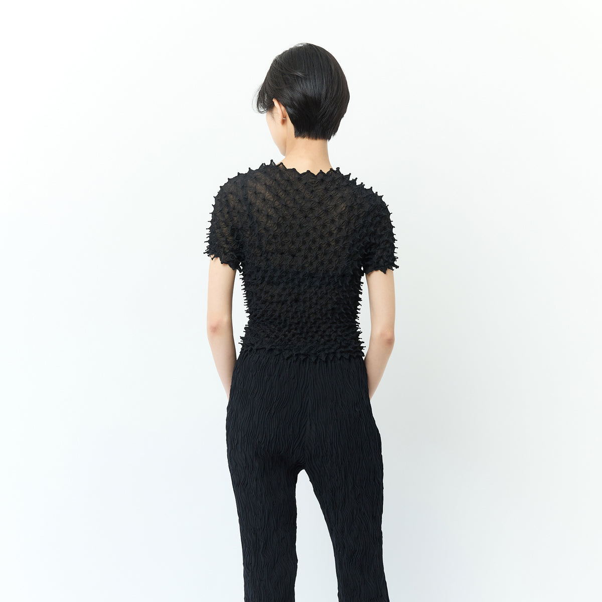 ツンツンの半袖トップス クルーネック シフォン/無地